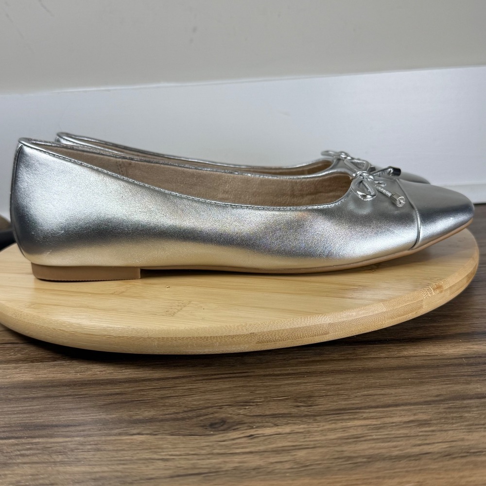 Vionic Ballet Flats Womens 11 Silver Metallic Bow Square Toe Comfort Orthopedic